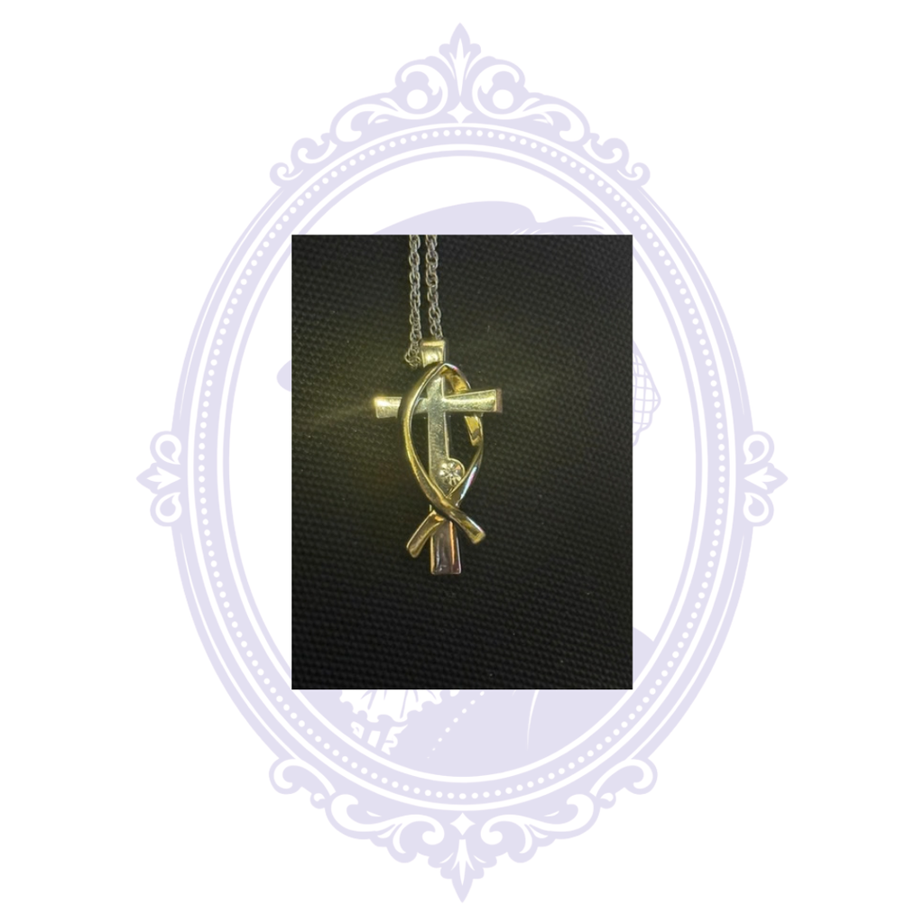 Front view of a Christian cross and Ichthys fish pendant necklace with a clear crystal accent on a chain, displayed against a black background.