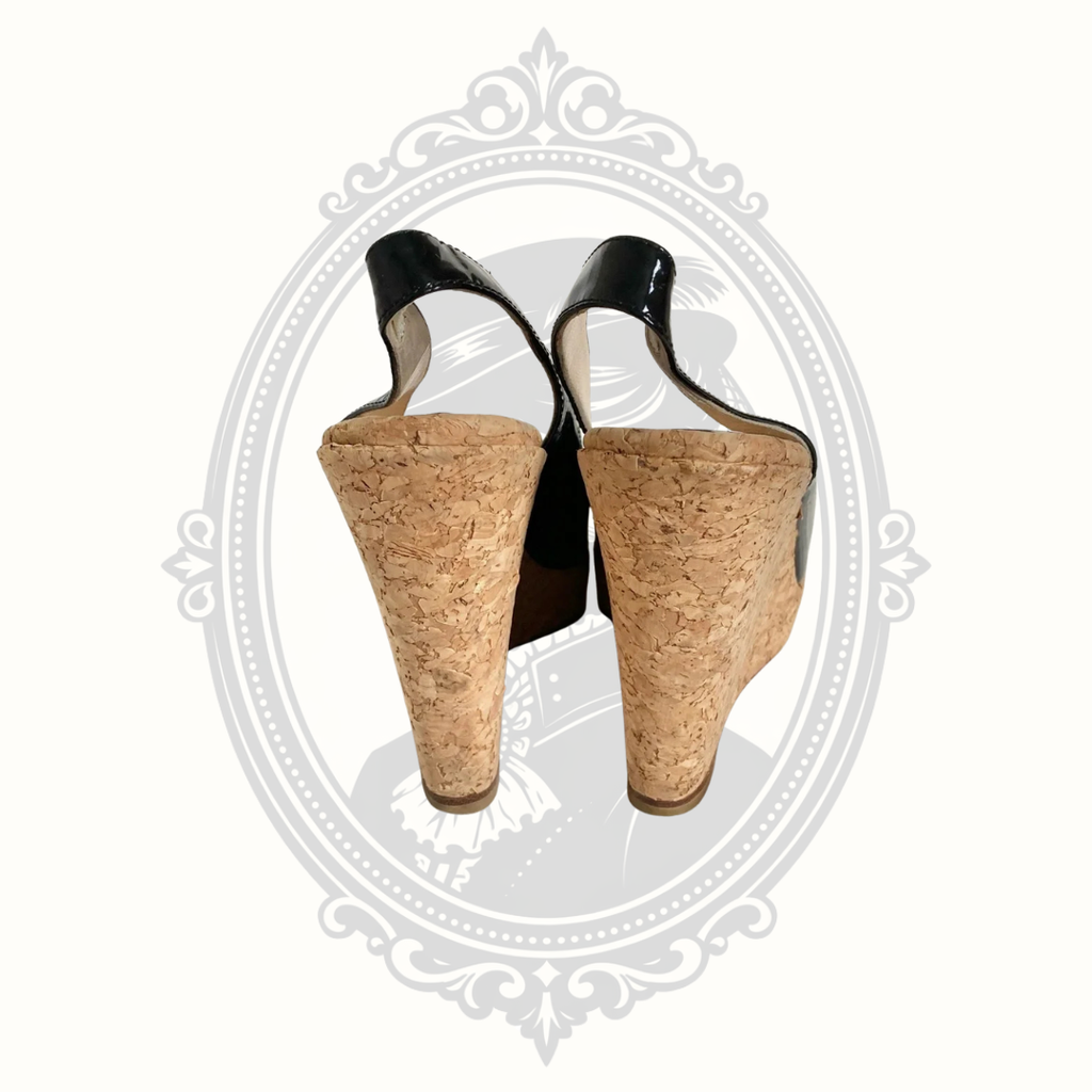 Christian Louboutin Black Patent Leather Cork Wedge Slingback Heels – EU 38.5