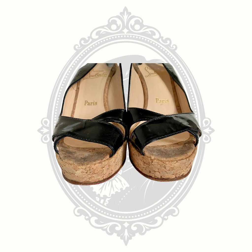 Christian Louboutin Black Patent Leather Cork Wedge Slingback Heels – EU 38.5