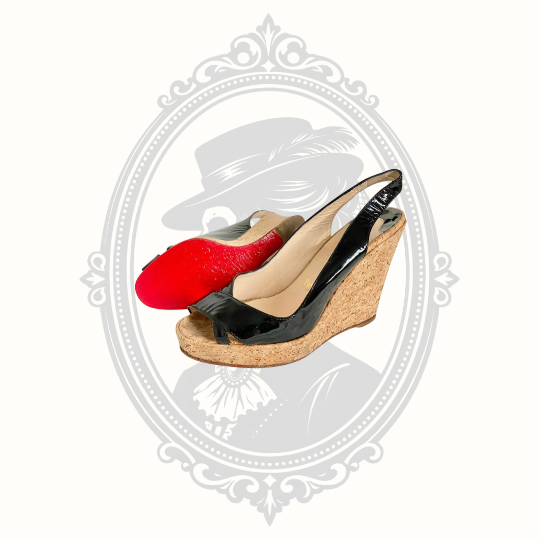 Christian Louboutin Black Patent Leather Cork Wedge Slingback Heels – EU 38.5
