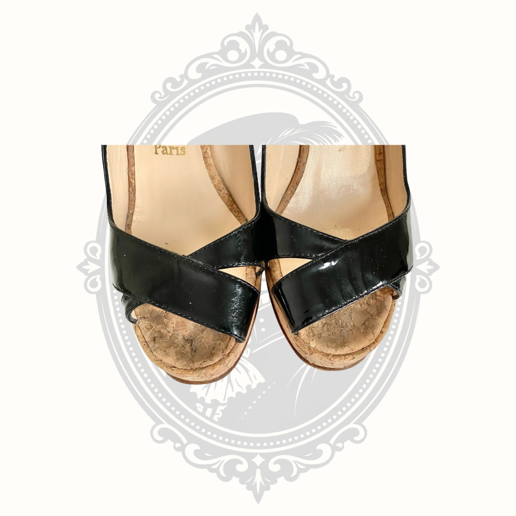 Christian Louboutin Black Patent Leather Cork Wedge Slingback Heels – EU 38.5