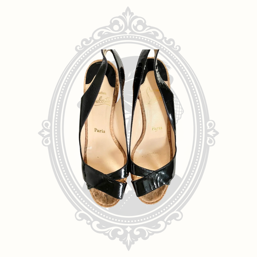 Christian Louboutin Black Patent Leather Cork Wedge Slingback Heels – EU 38.5