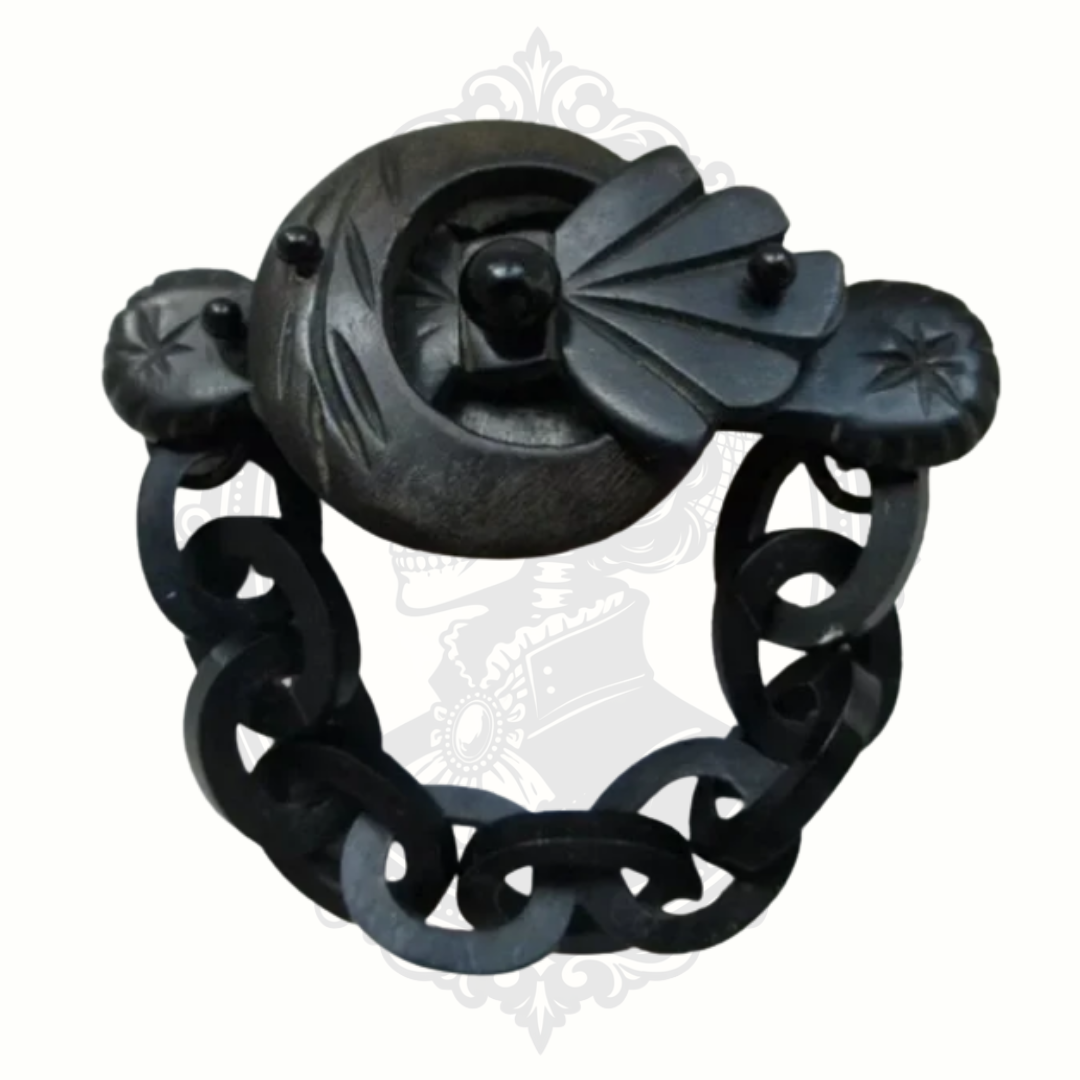 Civil War era Victorian mourning brooch with chain drop, black gutta percha, associated with Odd Fellows symbolism