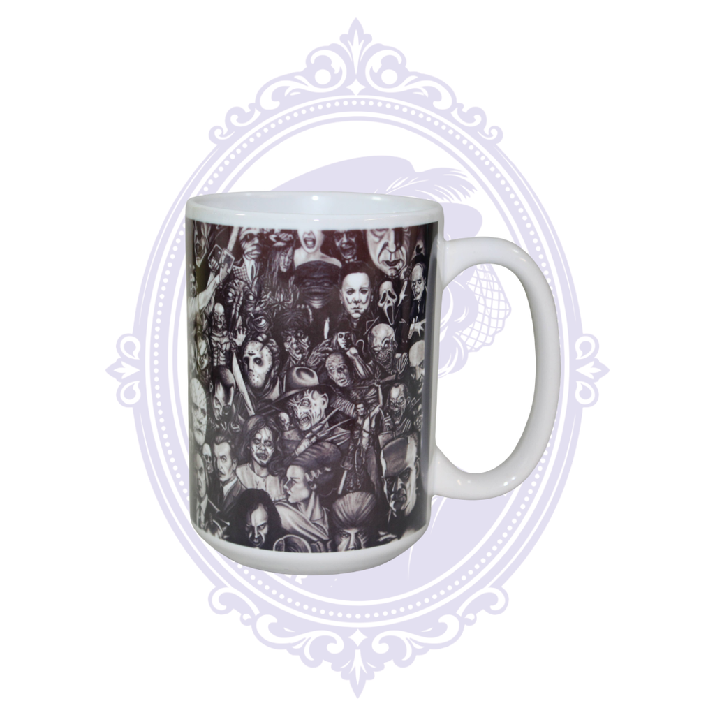 Back view of classic horror movie collage ceramic mug with monster and slasher character artwork