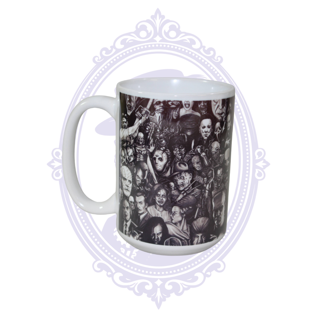 15 oz ceramic horror movie mug with black-and-white collage of classic monsters and slasher icons