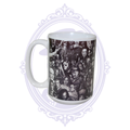 15 oz ceramic horror movie mug with black-and-white collage of classic monsters and slasher icons