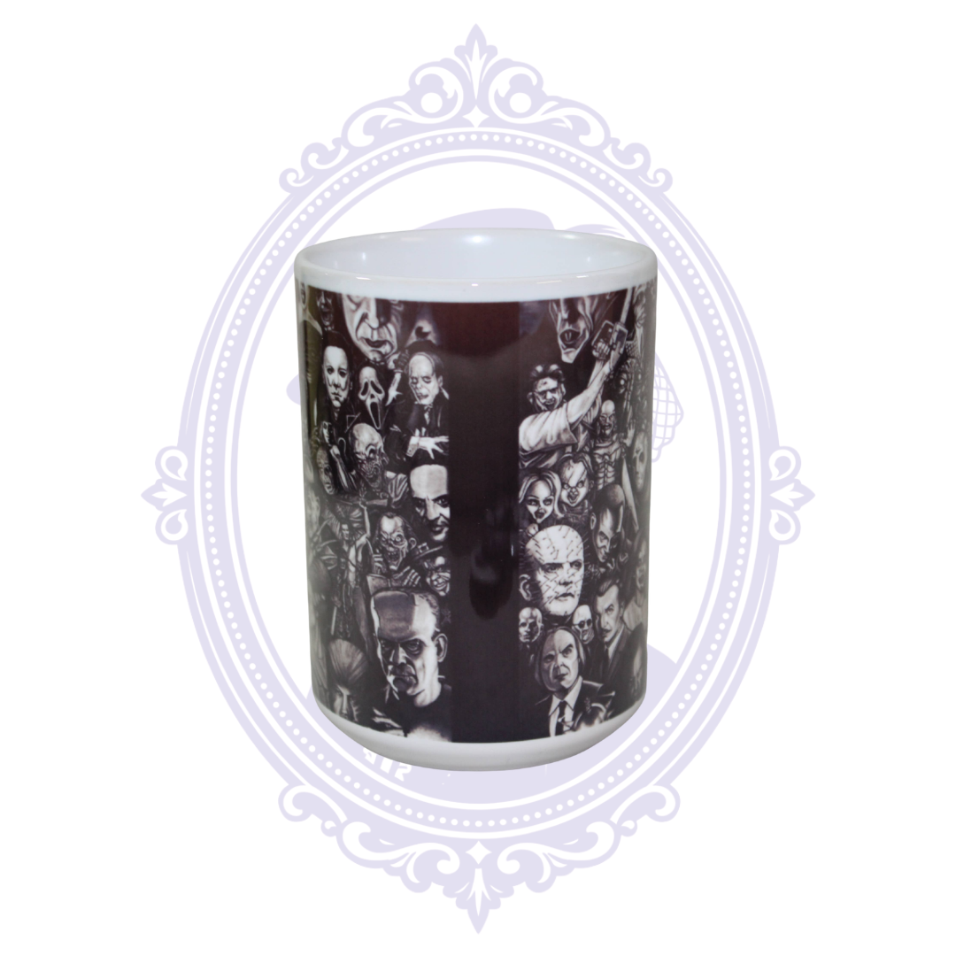 Side view of white 15 oz horror movie mug covered in black-and-white classic horror character artwork