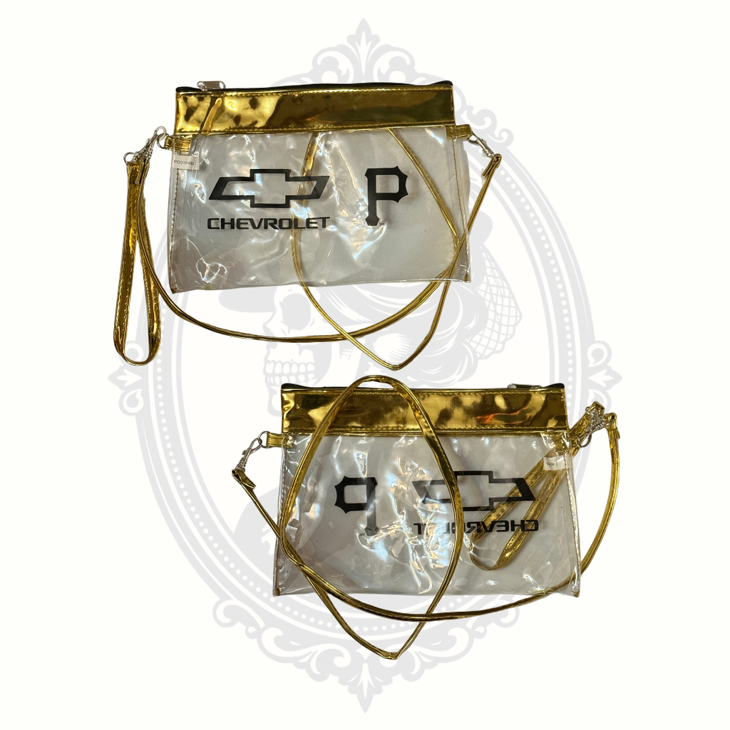 Transparent stadium bag with gold trim and adjustable strap
