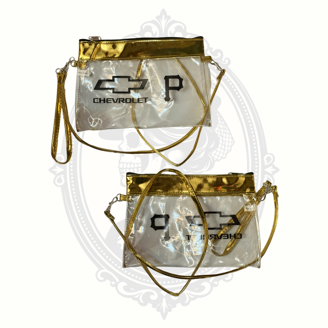 Transparent stadium bag with gold trim and adjustable strap