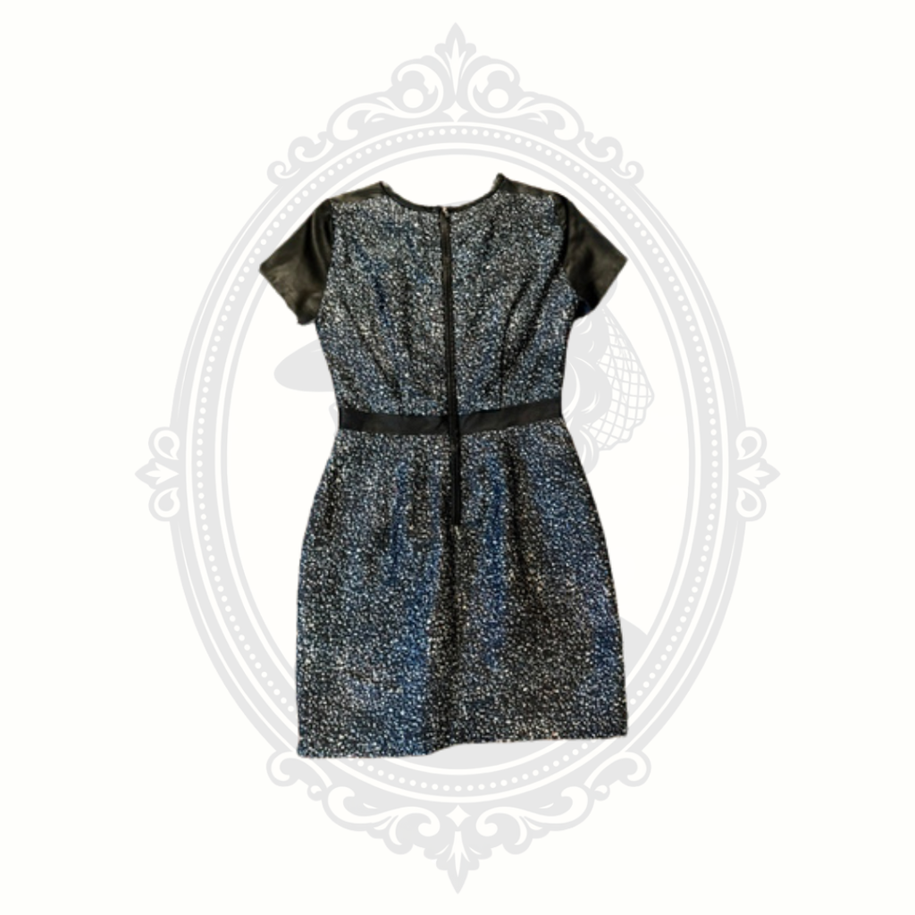 Club Monaco Silk Blend Tweed Dress Size 4 Black Silver Faux Leather