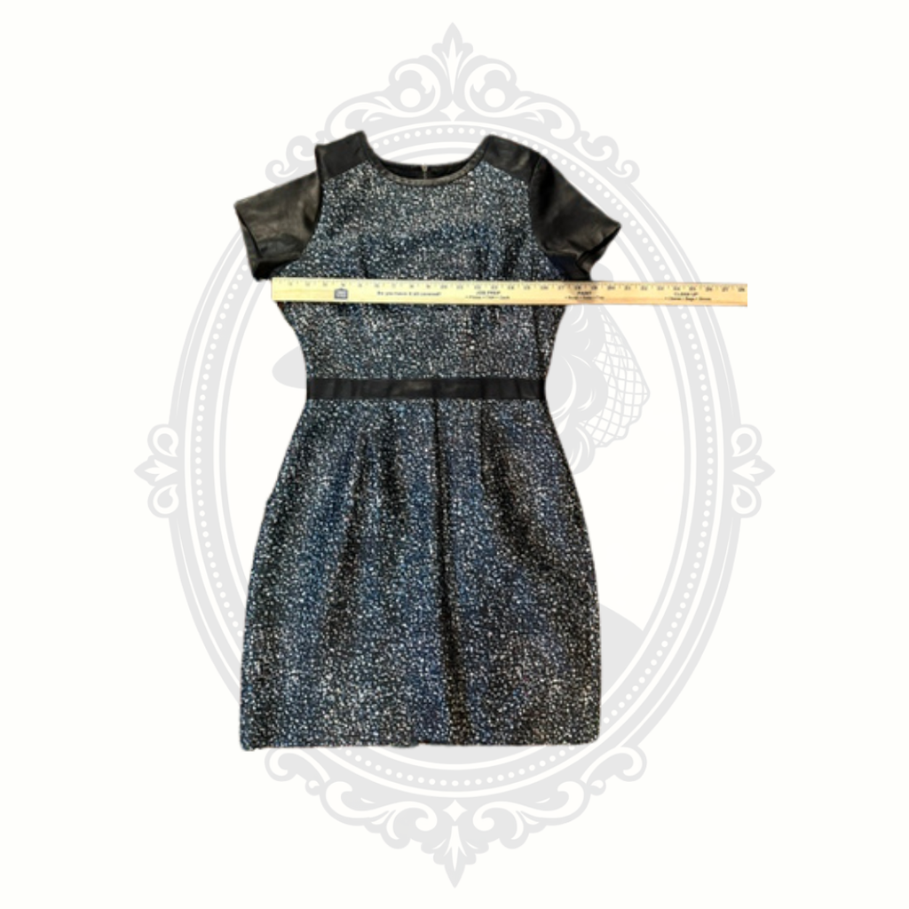 Club Monaco Silk Blend Tweed Dress Size 4 Black Silver Faux Leather