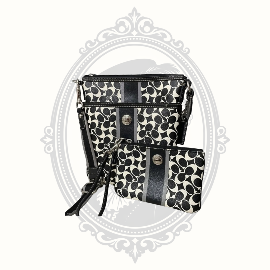 Coach signature stripe crossbody bag and matching wristlet in black and white