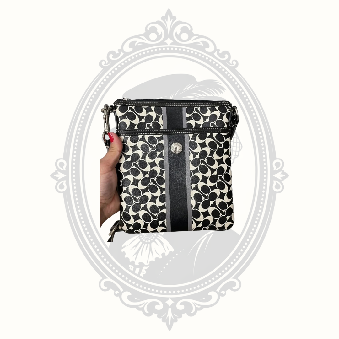 Front detail of Coach signature stripe crossbody bag
