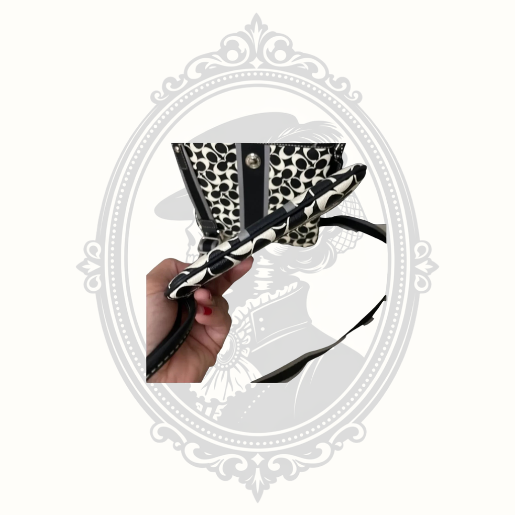 Side profile and wrist strap detail of Coach signature wristlet