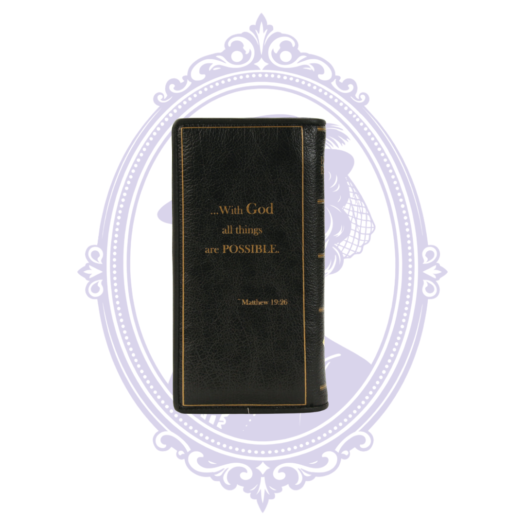Reverse of black vinyl Bible wallet with gold Matthew 19:26 verse