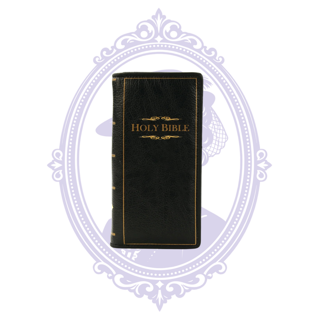 Black vinyl Bible-style wallet with gold Holy Bible lettering