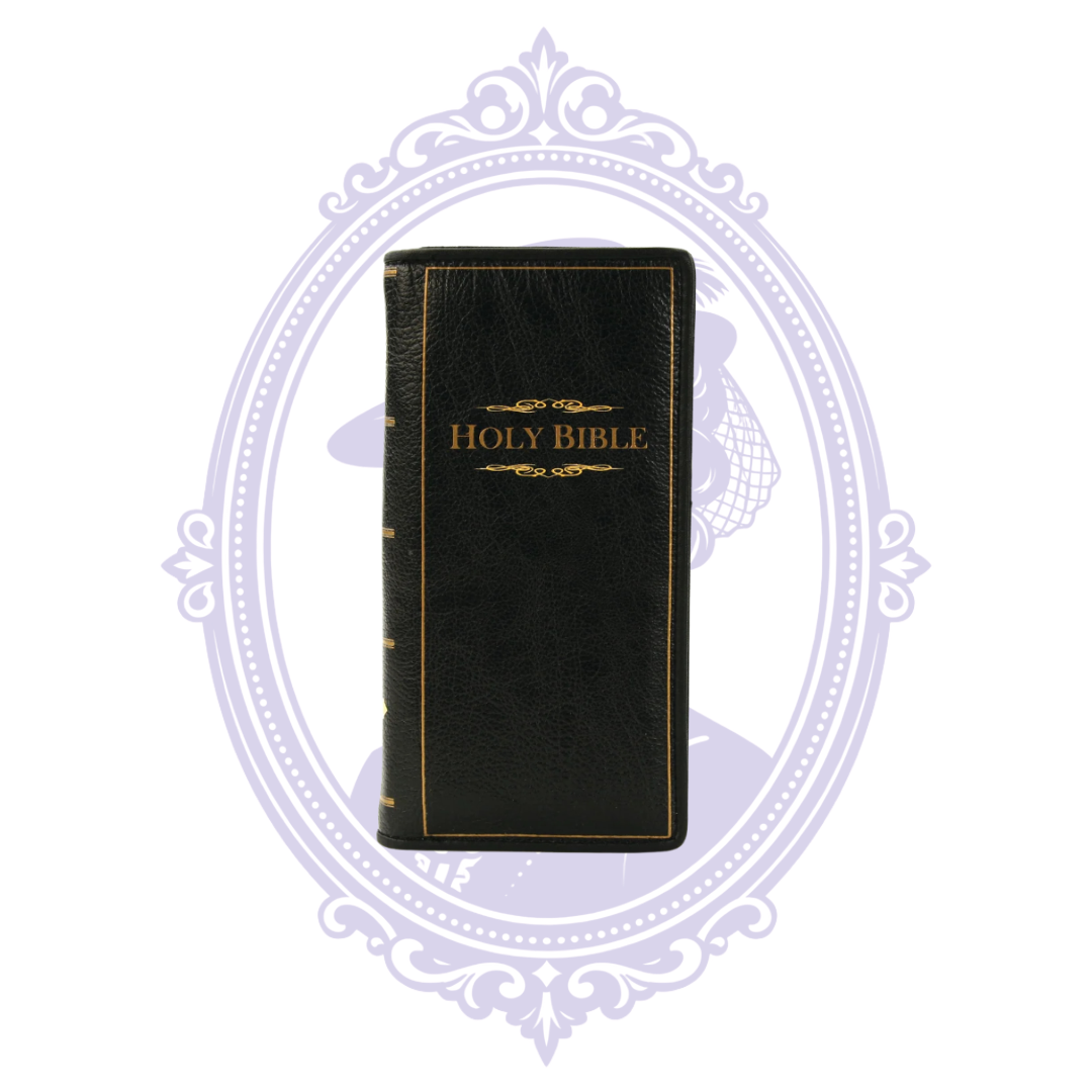 Black vinyl Bible-style wallet with gold Holy Bible lettering