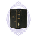 Black vinyl Holy Bible wallet opened to show gold cross and Matthew 19:26 design