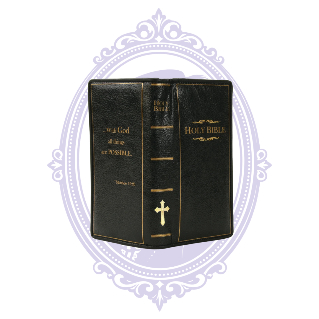 Black vinyl Holy Bible wallet opened to show gold cross and Matthew 19:26 design