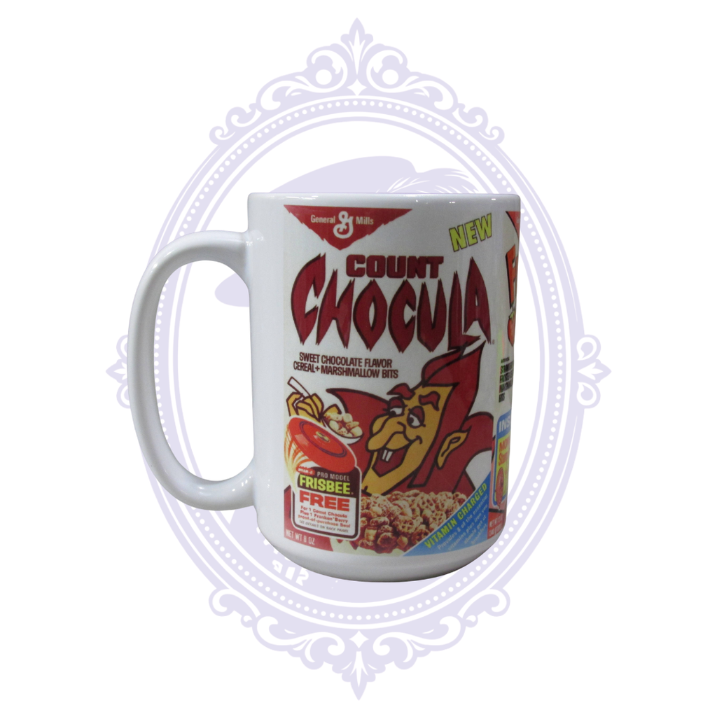 Retro General Mills Monster Cereals mug featuring vintage Count Chocula cereal box artwork.