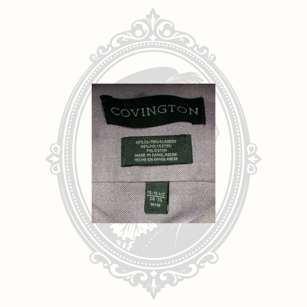Covington brand tag showing size 15½ 34/35 and material content