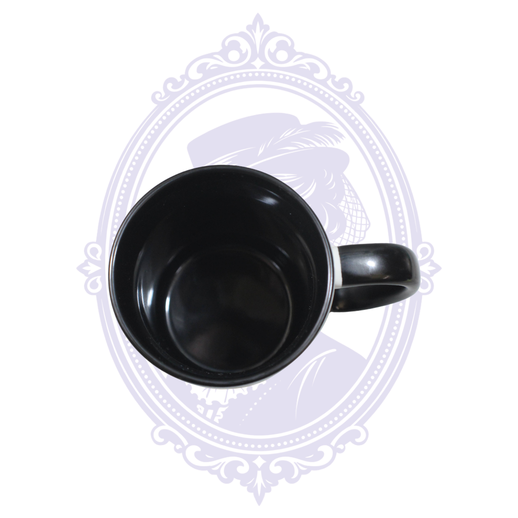 15 oz Creature from the Black Lagoon ceramic mug showing the contrasting black interior and black handle.