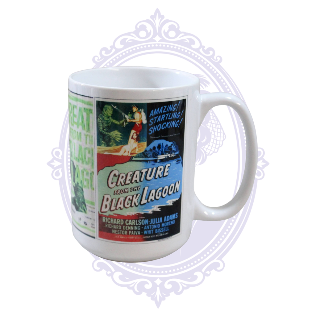 Creature from the Black Lagoon 15 oz mug featuring colorful vintage horror movie poster artwork.