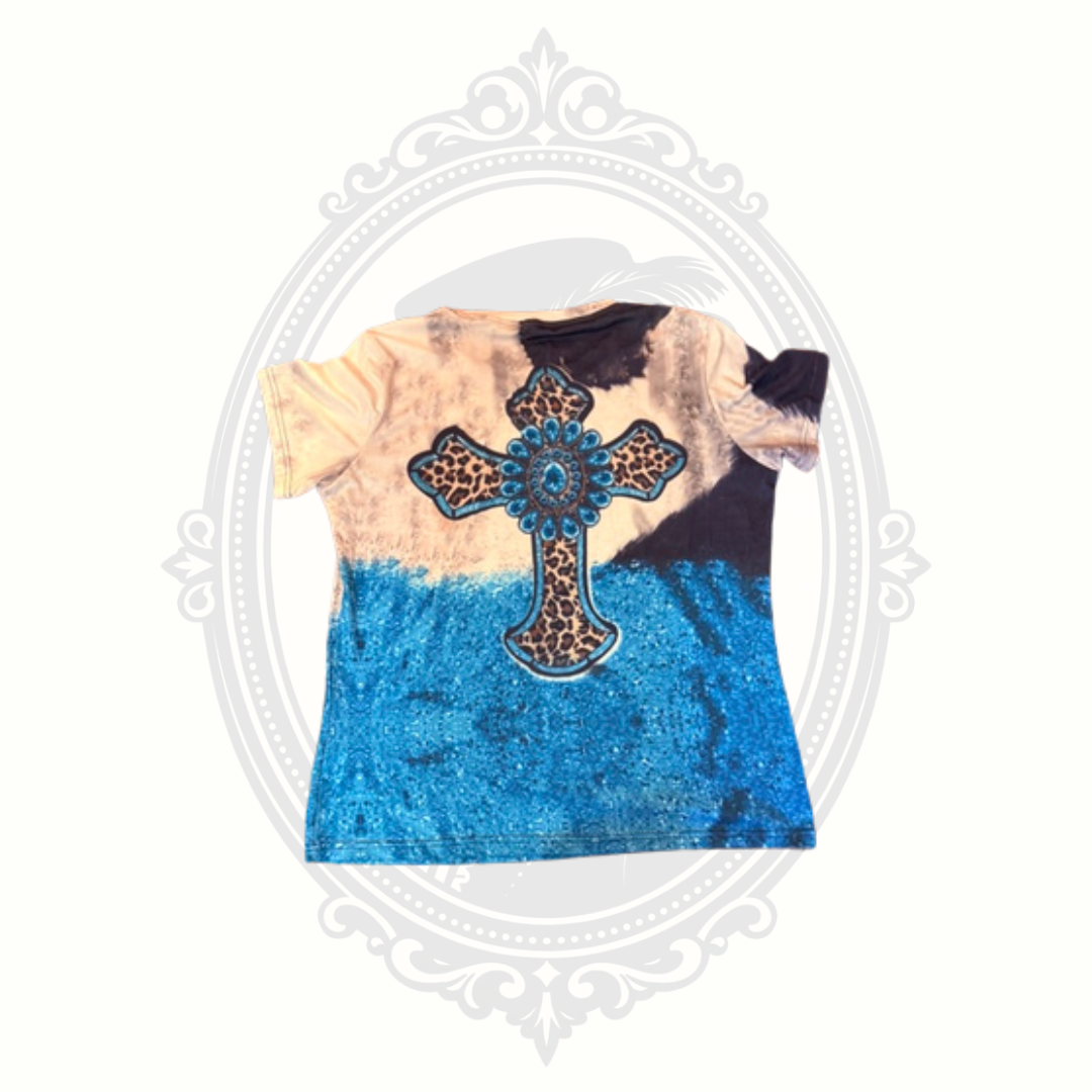 Back view of graphic t-shirt with blue tie dye pattern