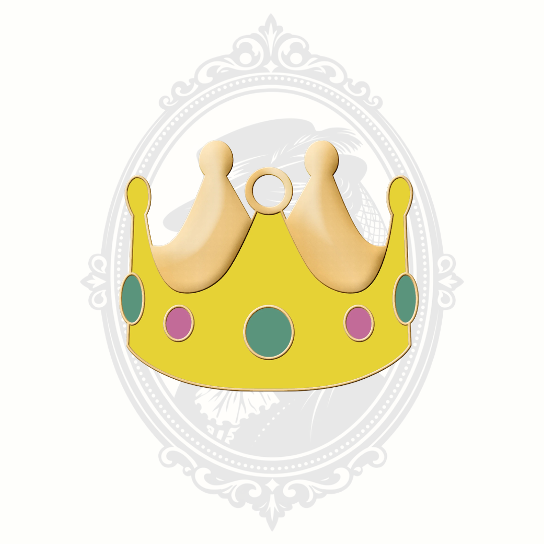 Yellow crown-shaped novelty pet tag with colorful jewel accents.
