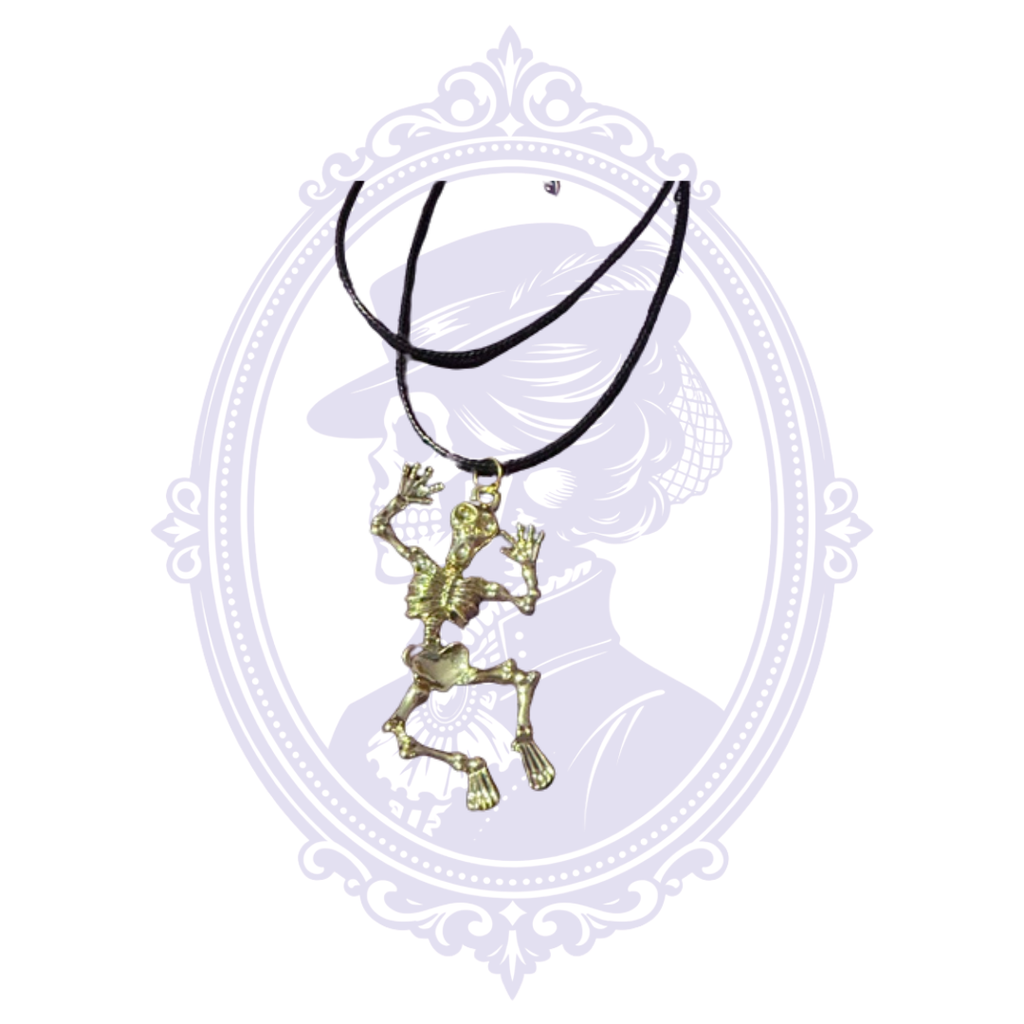 Hand-assembled black cord necklace featuring a full articulated skeleton pendant with movable dangling limbs.