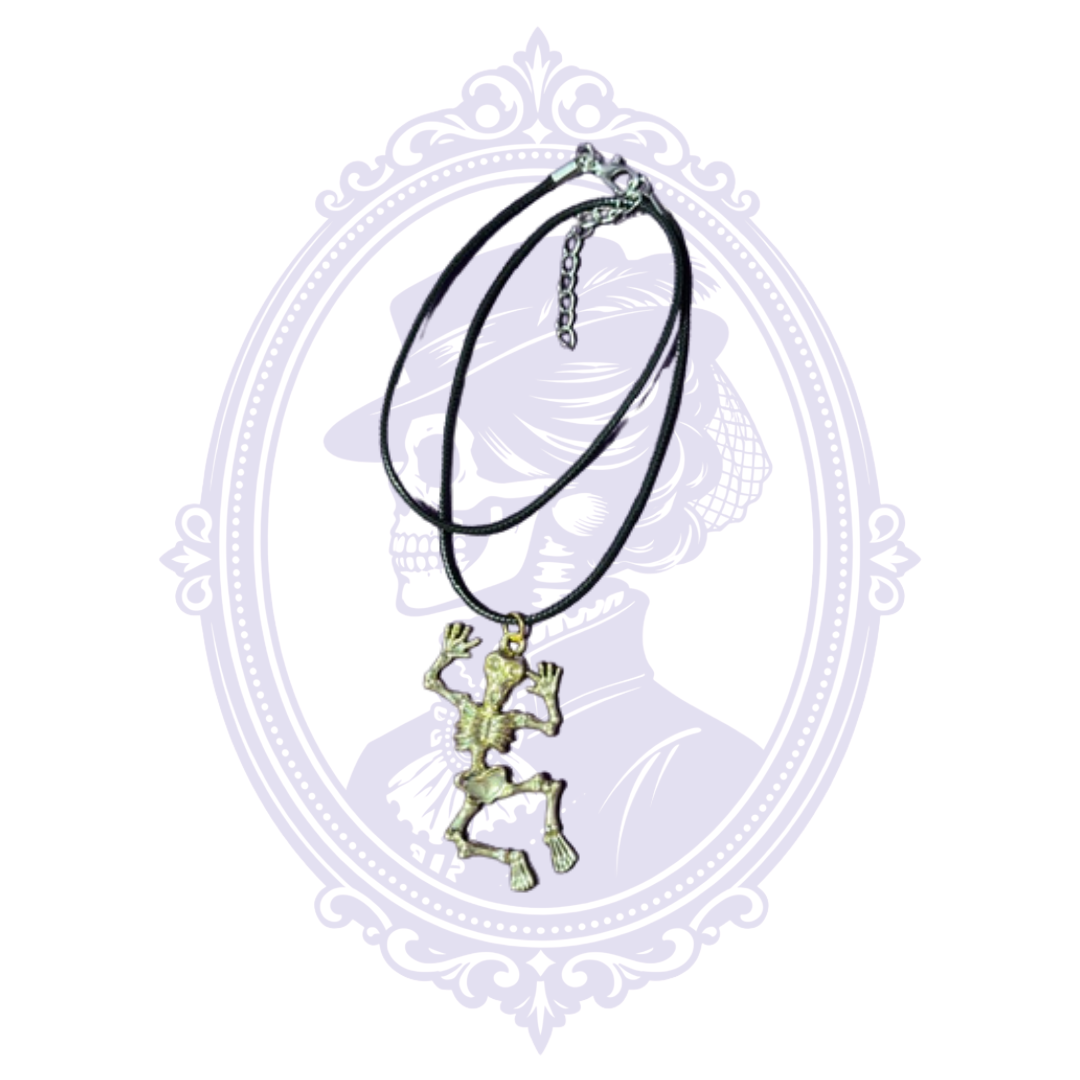 Black cord necklace with full dangling skeleton pendant, silver-tone clasp and adjustable extender chain, hand-assembled by Mrs. Bones.