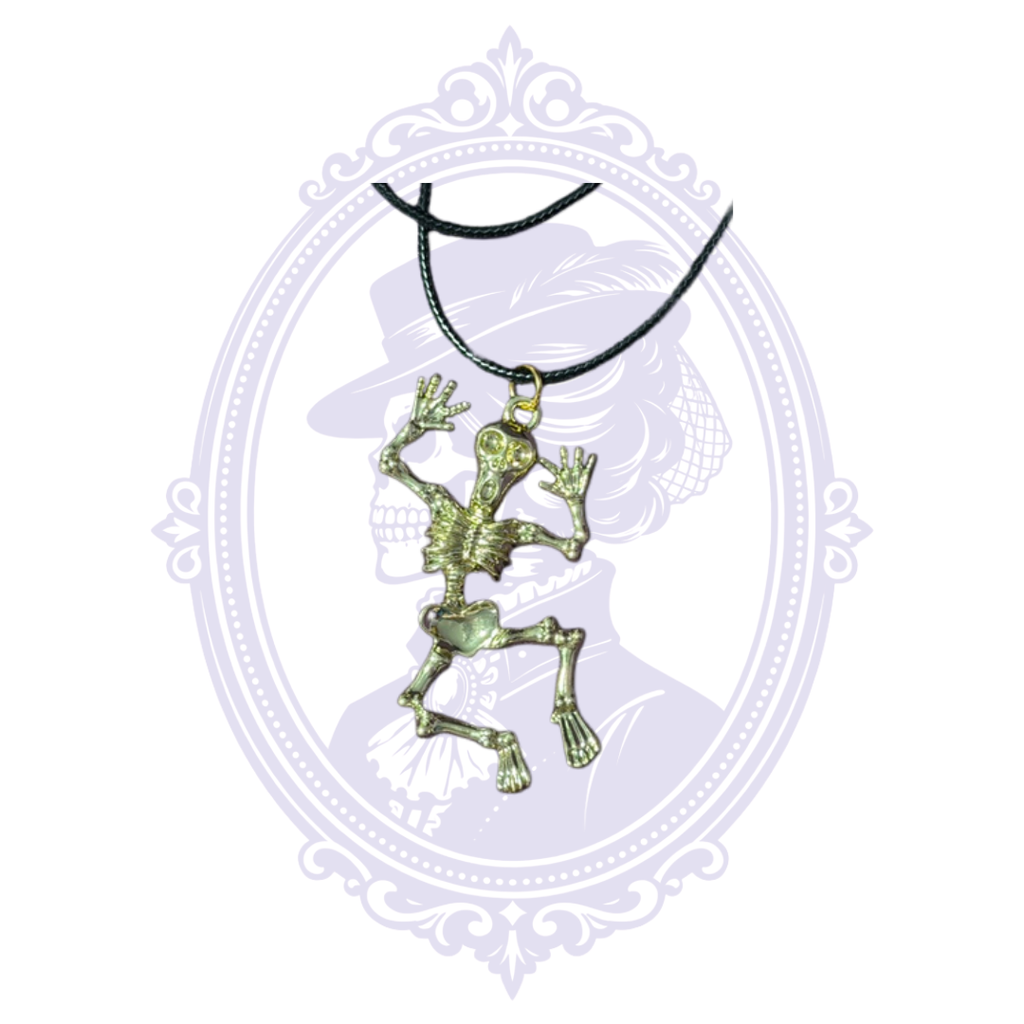 Close-up of a detailed full skeleton pendant with raised arms and dangling jointed legs on a black cord necklace.