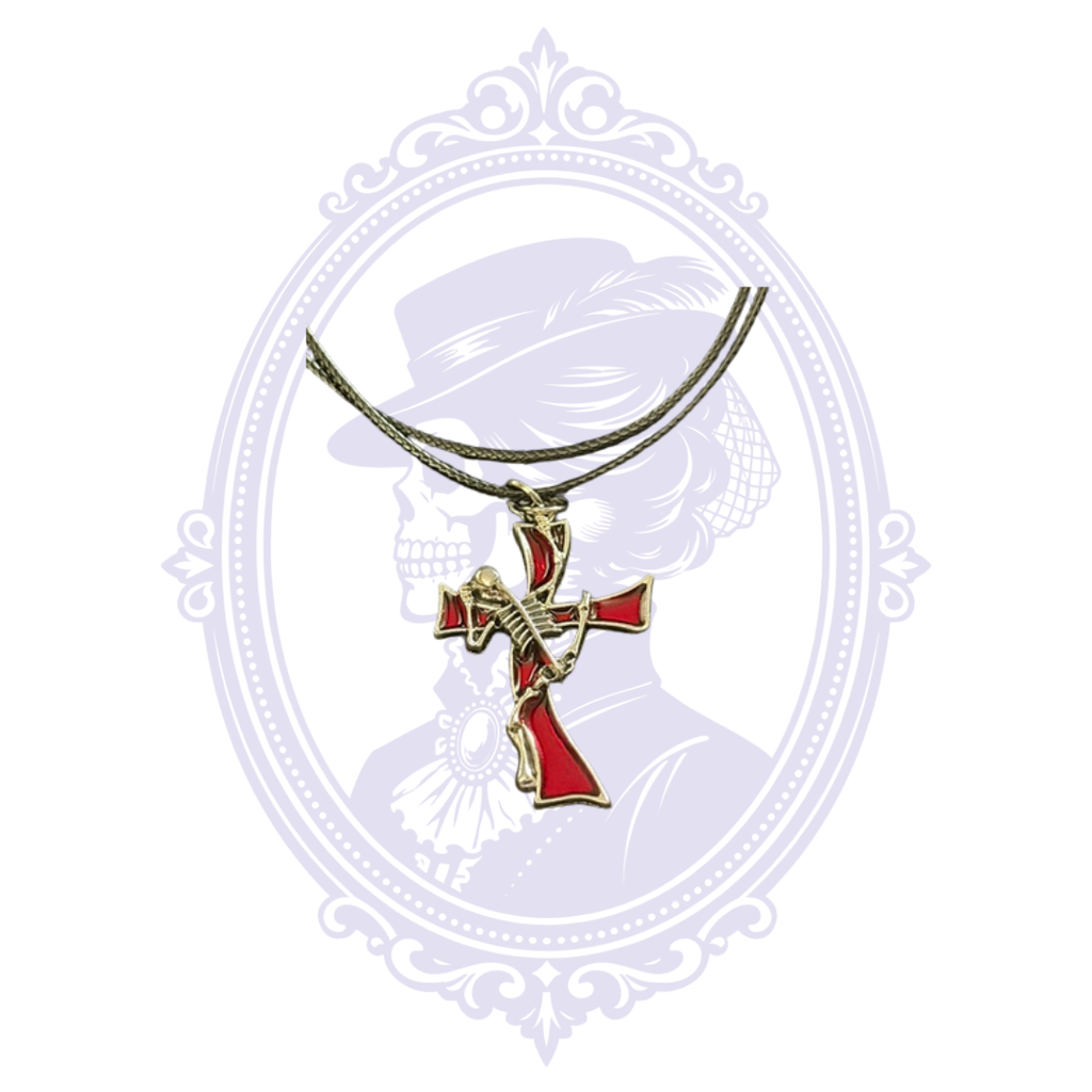 Cupboard Crafted silver-tone skeleton guitarist necklace with red enamel accents on double black cord.