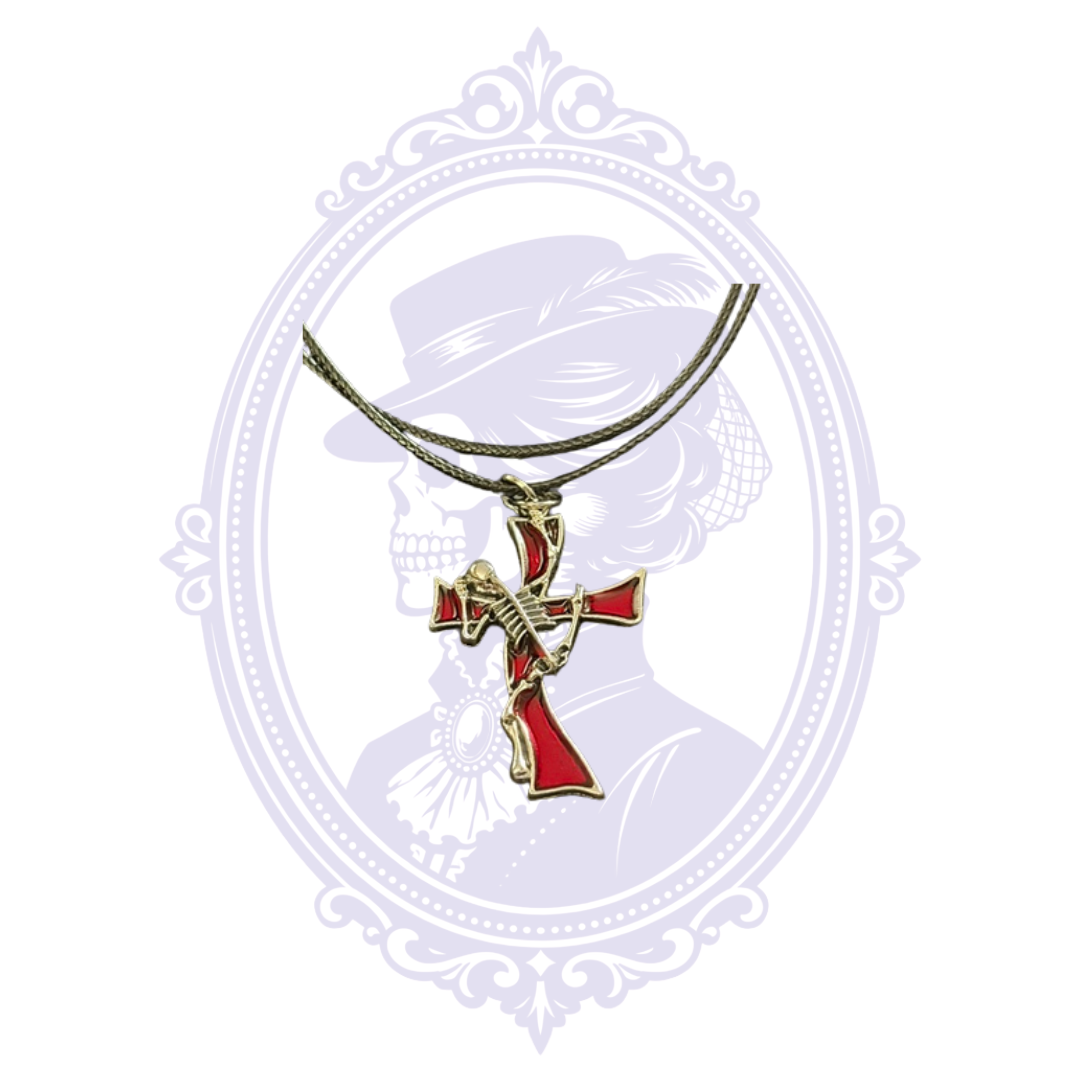 Cupboard Crafted silver-tone skeleton guitarist necklace with red enamel accents on double black cord.
