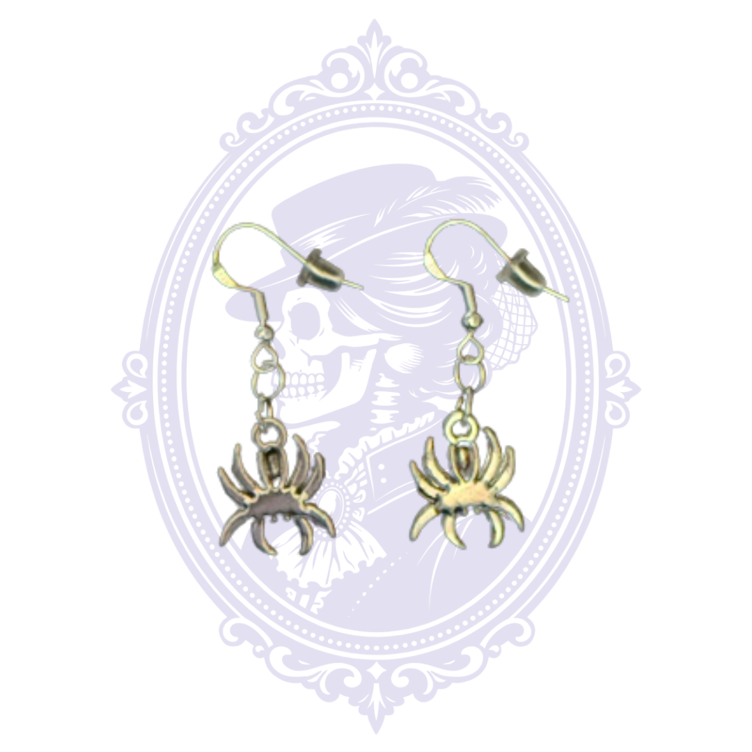 Detailed back view of Cupboard Crafted spider earrings showing the antiqued silver-tone charms, jump rings and fishhook ear wires.