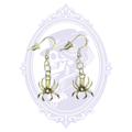 Front view of Cupboard Crafted antiqued silver-tone spider dangle earrings with silver-plated fishhook ear wires.