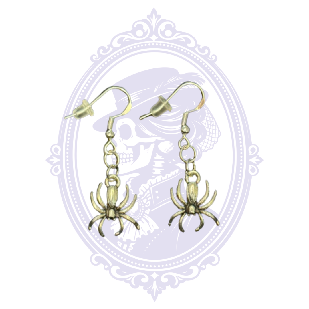 Front view of Cupboard Crafted antiqued silver-tone spider dangle earrings with silver-plated fishhook ear wires.
