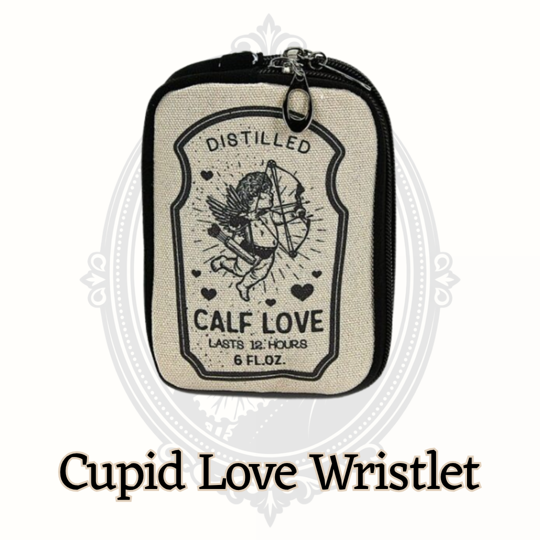 Cupid love wristlet canvas pouch with vintage style cupid graphic, zipper closure and strap for small essentials