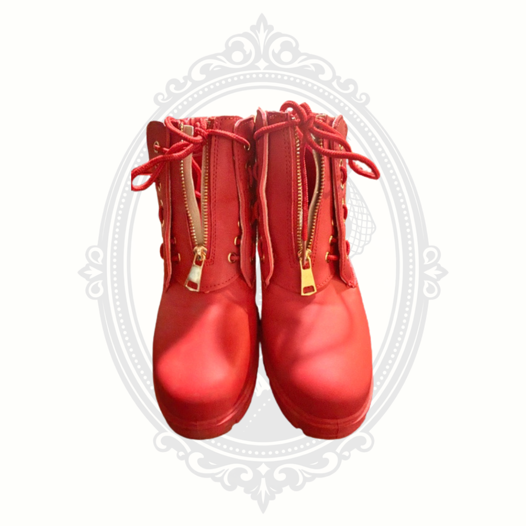 DADAWEN Red Waterproof Vegan Leather Combat Boots Front Zip Lace Up Women's