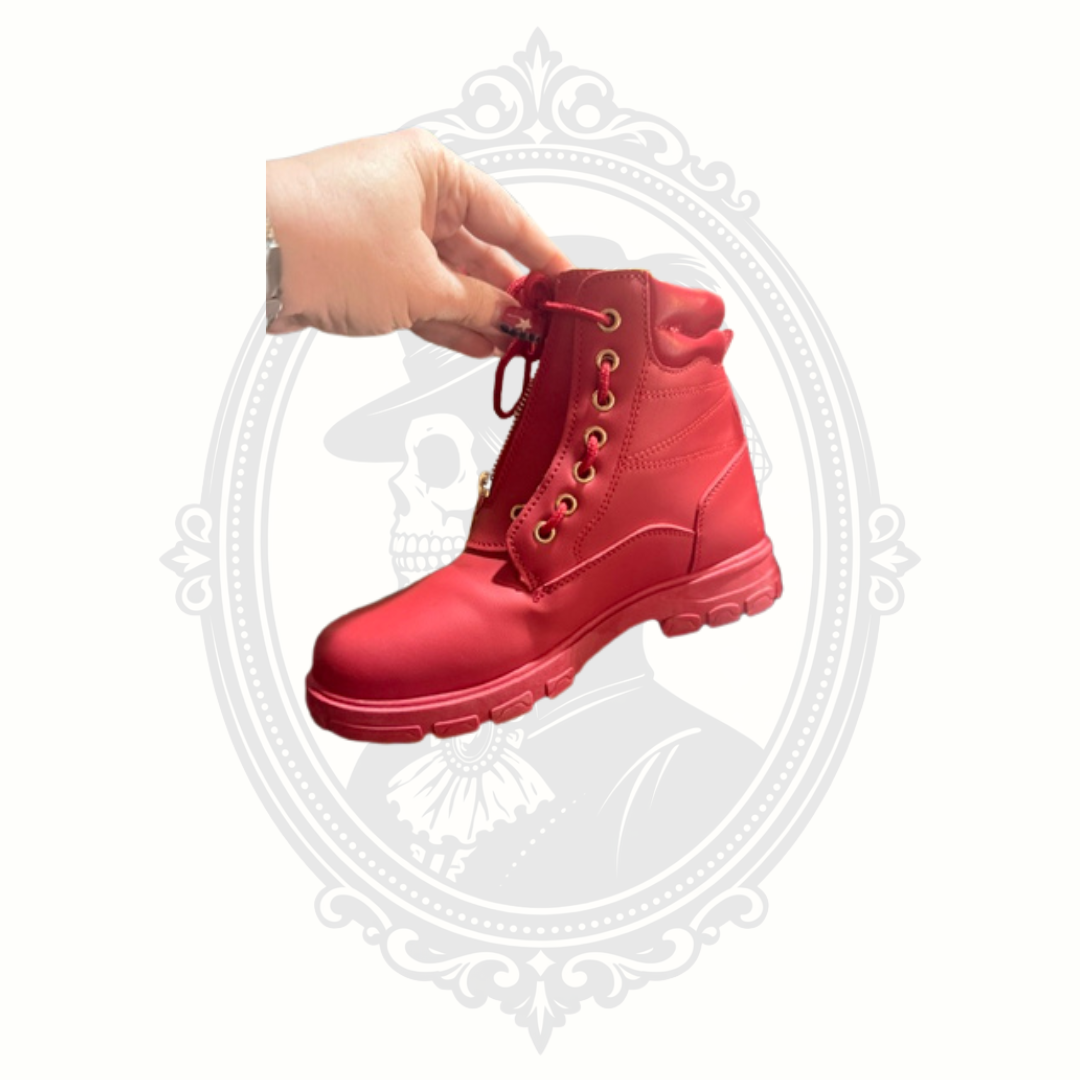 DADAWEN Red Waterproof Vegan Leather Combat Boots Front Zip Lace Up Women's