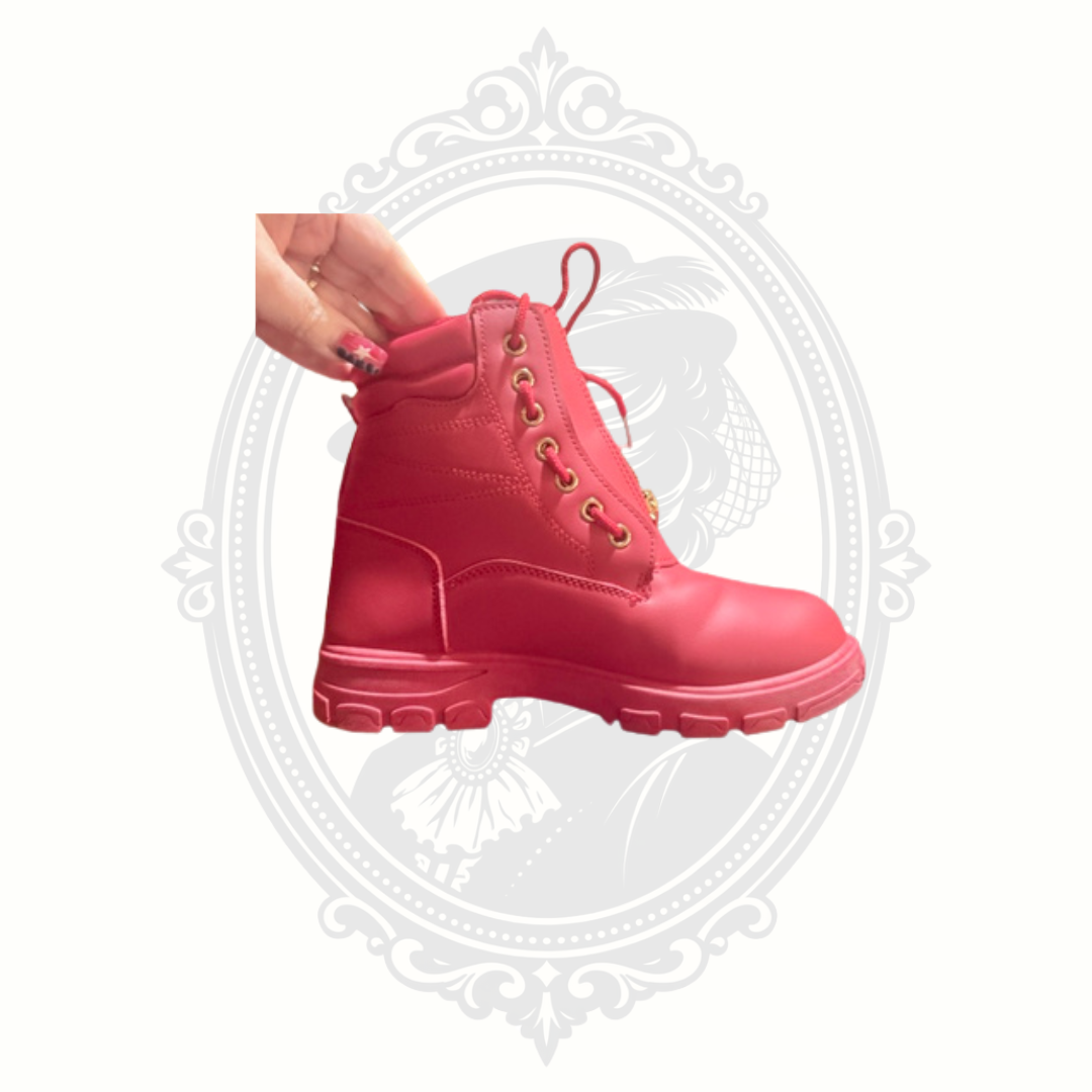 DADAWEN Red Waterproof Vegan Leather Combat Boots Front Zip Lace Up Women's