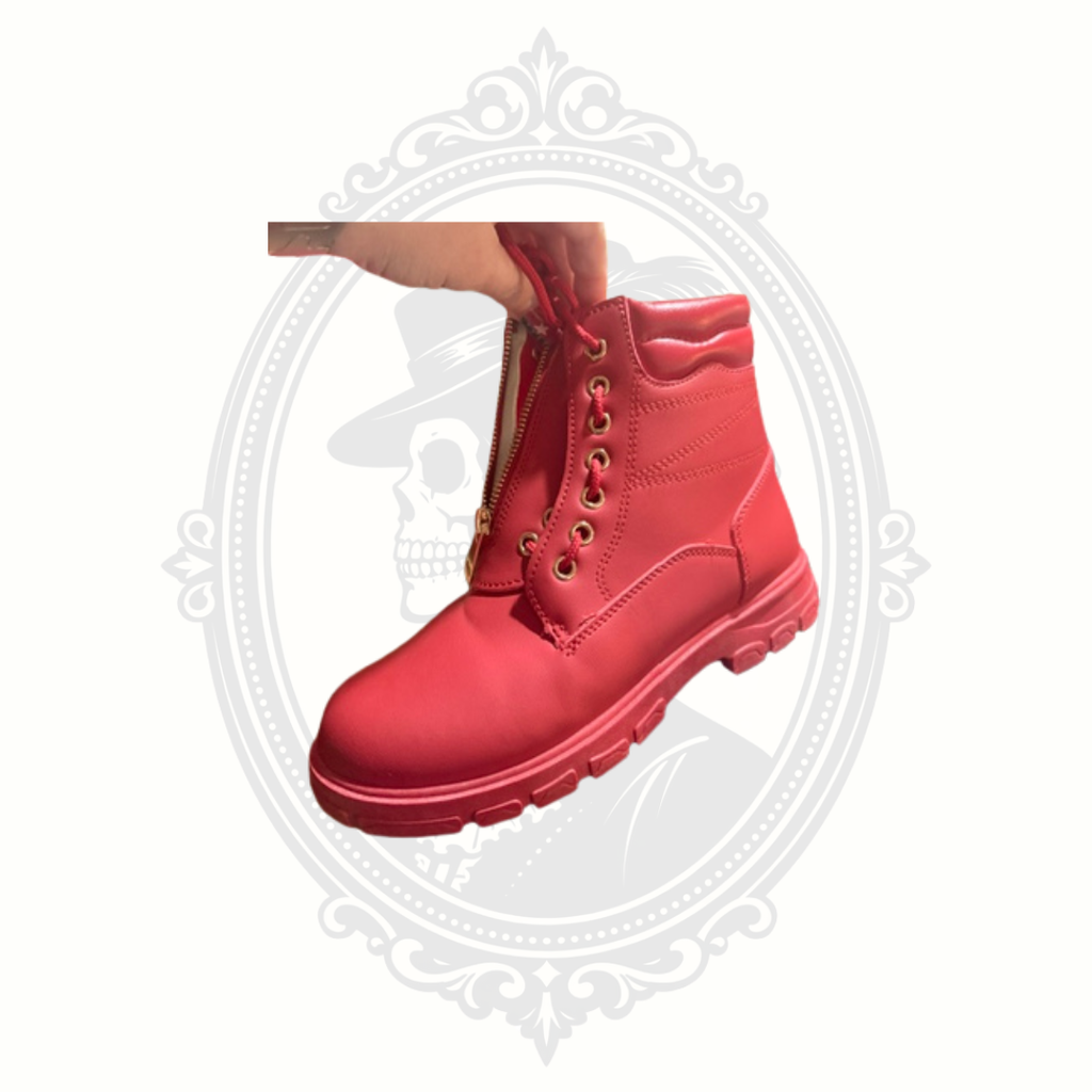 DADAWEN Red Waterproof Vegan Leather Combat Boots Front Zip Lace Up Women's