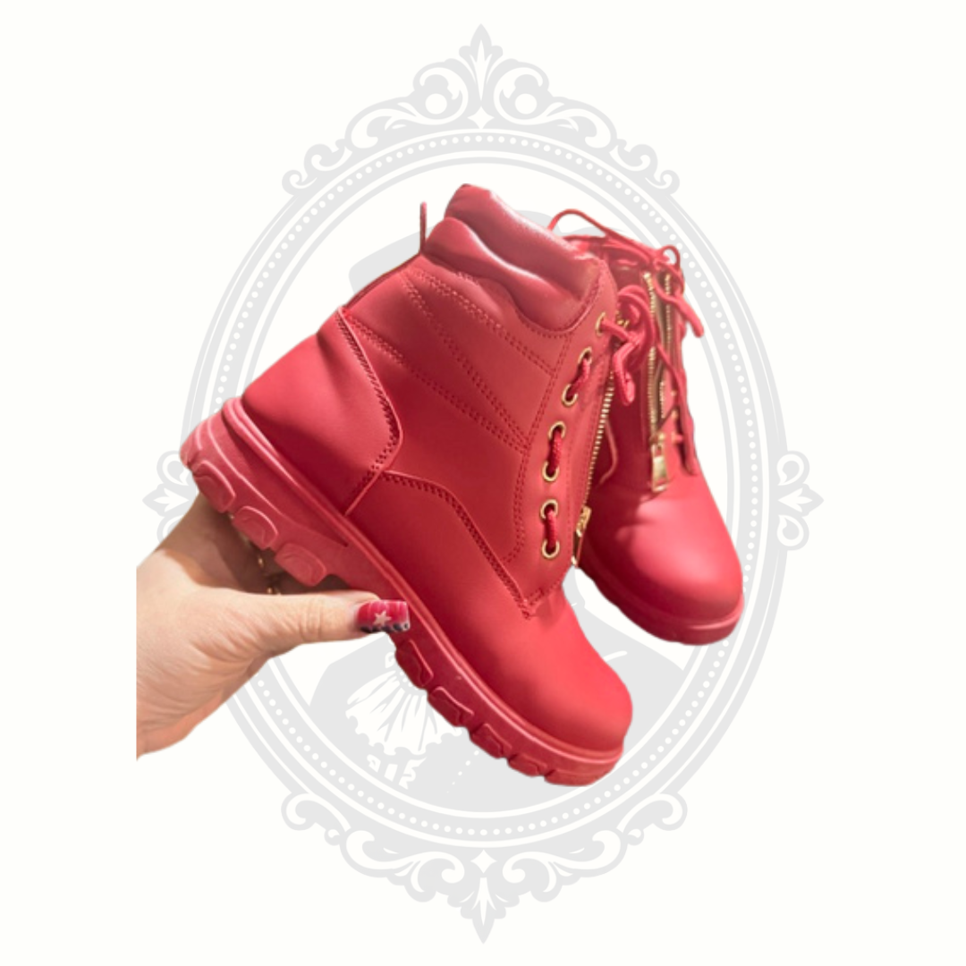 DADAWEN Red Waterproof Vegan Leather Combat Boots Front Zip Lace Up Women's