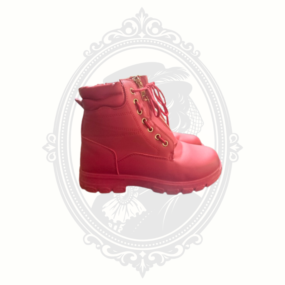 DADAWEN Red Waterproof Vegan Leather Combat Boots Front Zip Lace Up Women's