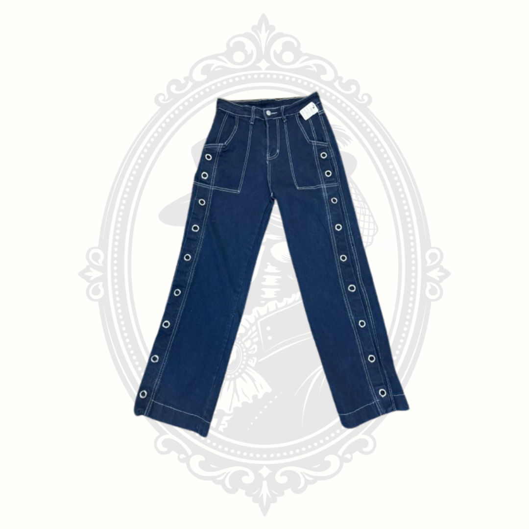 dark wash jeans front view with metal grommet detail along legs high rise denim