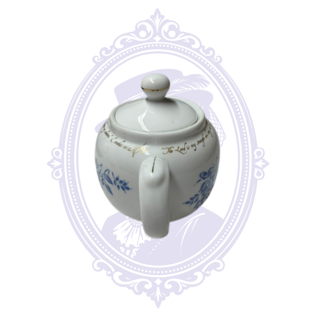 DaySpring Cards Exodus 15:2 Scripture Teapot – Blue Floral & Gold Porcelain