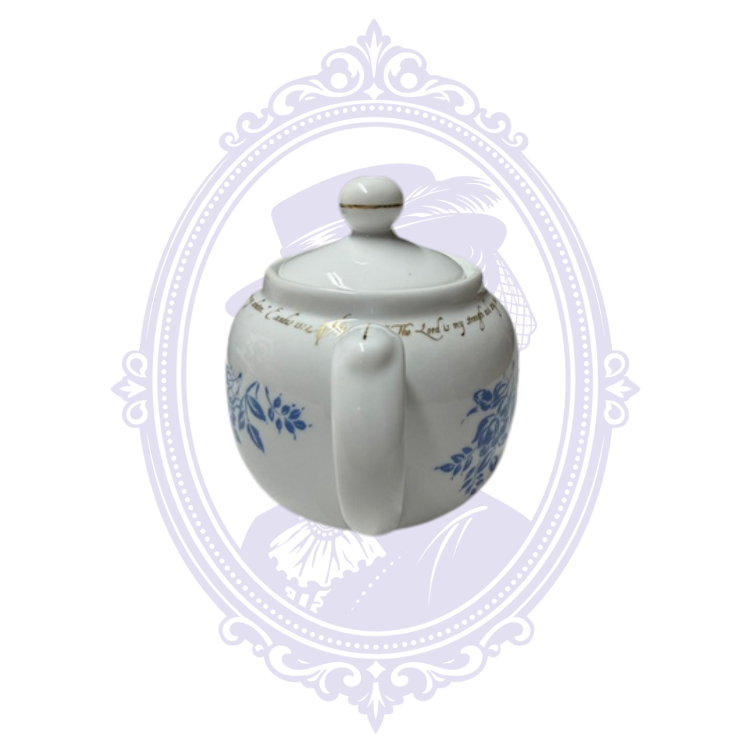 DaySpring Cards Exodus 15:2 Scripture Teapot – Blue Floral & Gold Porcelain