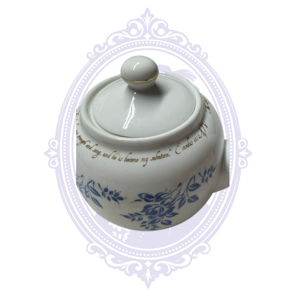 DaySpring Cards Exodus 15:2 Scripture Teapot – Blue Floral & Gold Porcelain
