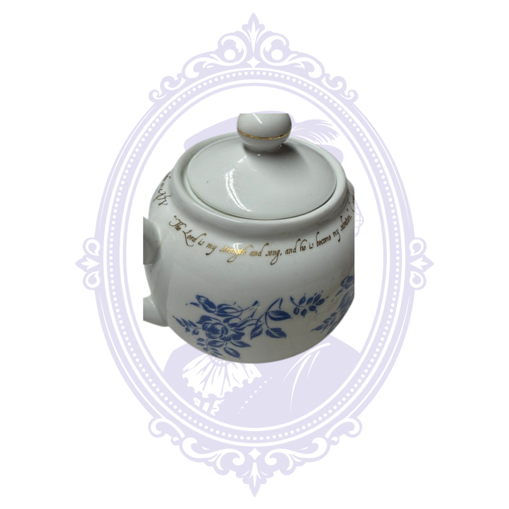 DaySpring Cards Exodus 15:2 Scripture Teapot – Blue Floral & Gold Porcelain