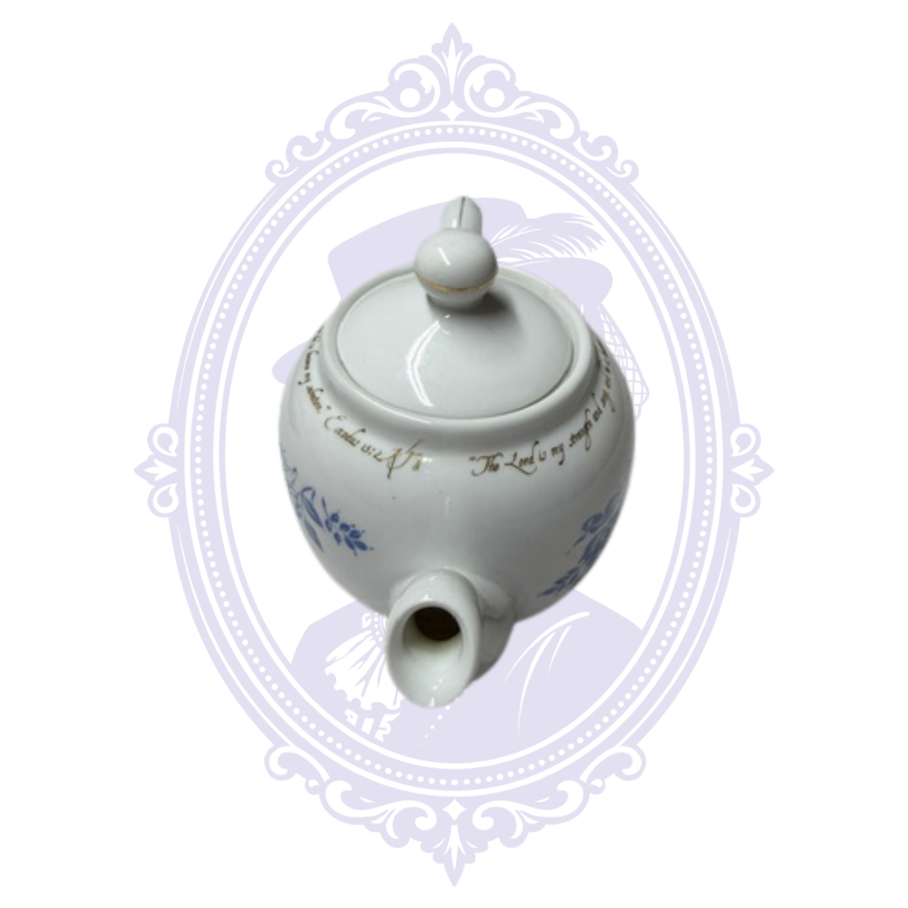 DaySpring Cards Exodus 15:2 Scripture Teapot – Blue Floral & Gold Porcelain